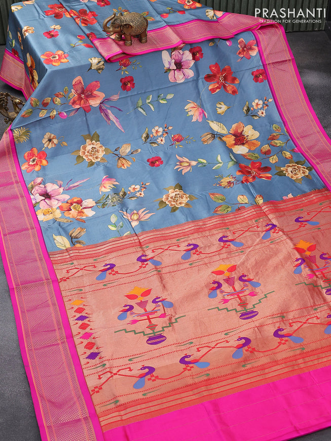 Pure kanjivaram silk saree grey and pink with allover floral digital prints and zari woven border - {{ collection.title }} by Prashanti Sarees
