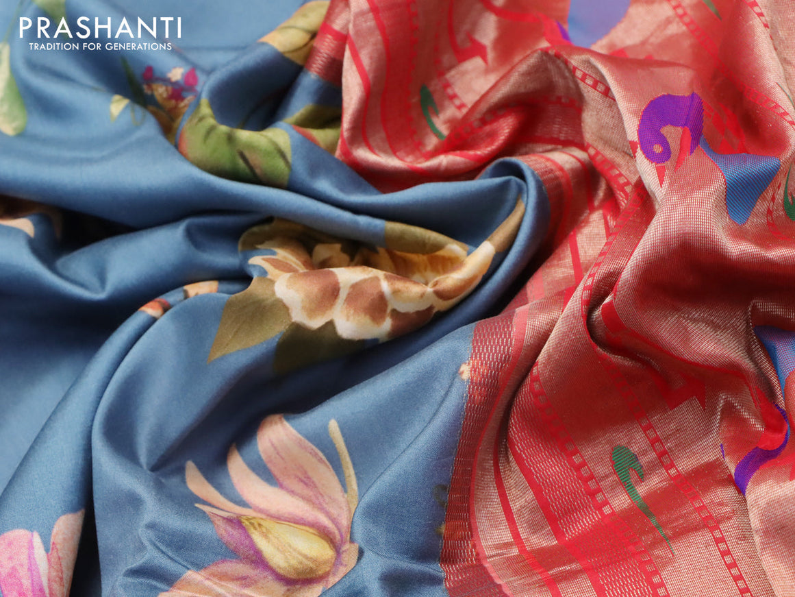 Pure kanjivaram silk saree grey and pink with allover floral digital prints and zari woven border - {{ collection.title }} by Prashanti Sarees