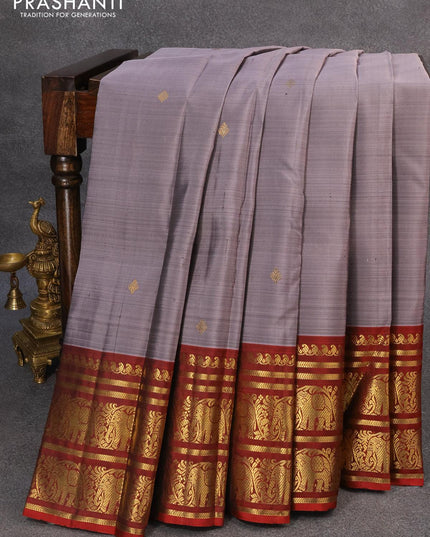Pure kanjivaram silk saree grey shade and maroon with zari woven buttas and rich zari woven elephant border - {{ collection.title }} by Prashanti Sarees