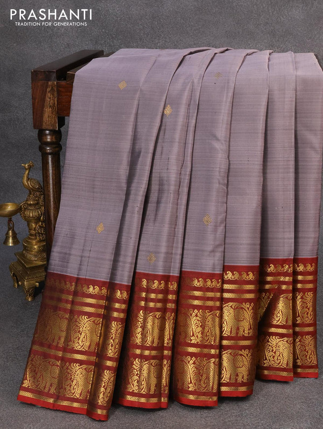 Pure kanjivaram silk saree grey shade and maroon with zari woven buttas and rich zari woven elephant border - {{ collection.title }} by Prashanti Sarees