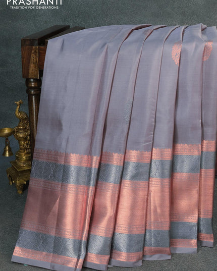 Pure kanjivaram silk saree grey shade with zari woven buttas and long zari woven border - {{ collection.title }} by Prashanti Sarees