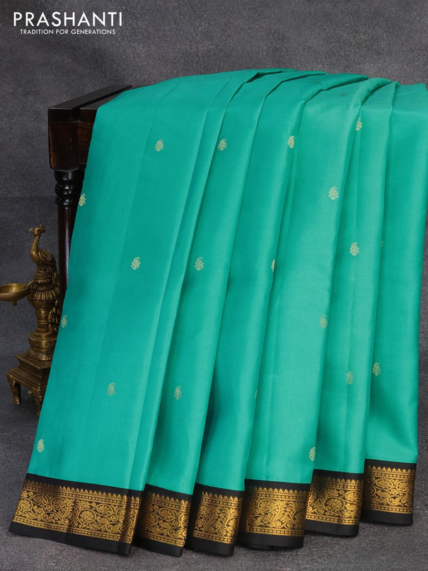 Pure kanjivaram silk saree light blue and black with zari woven buttas and zari woven korvai border - {{ collection.title }} by Prashanti Sarees