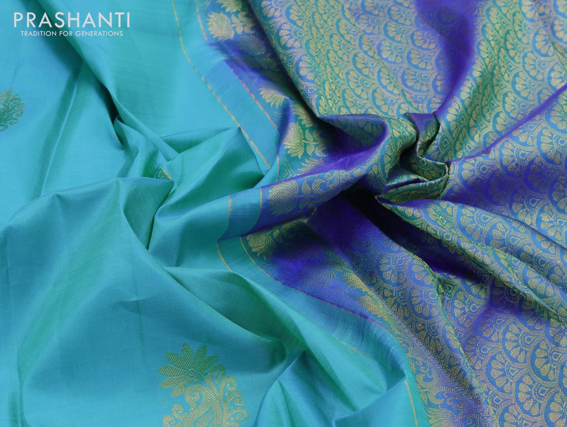 Pure kanjivaram silk saree light blue and blue with zari woven buttas and paisley zari woven border - {{ collection.title }} by Prashanti Sarees