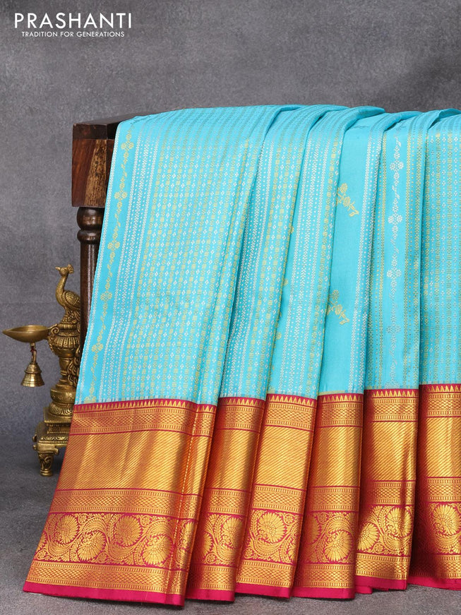 Pure kanjivaram silk saree light blue and dark magenta pink with allover silver & gold zari weaves and long zari woven floral border - {{ collection.title }} by Prashanti Sarees