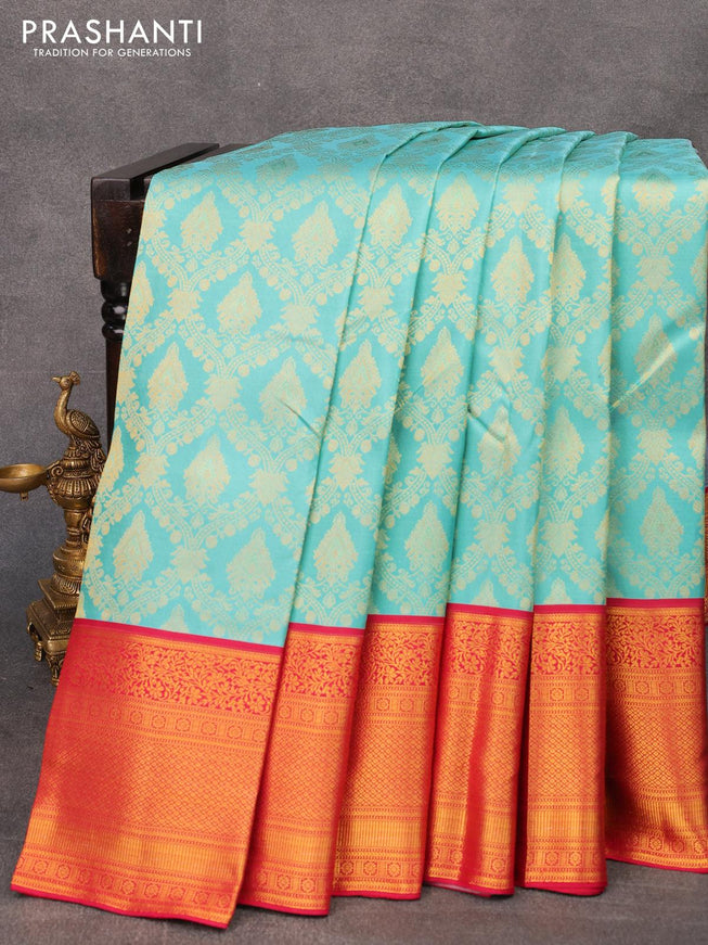 Pure kanjivaram silk saree light blue and dark pink with allover zari woven brocade weaves and long rich zari woven border - {{ collection.title }} by Prashanti Sarees