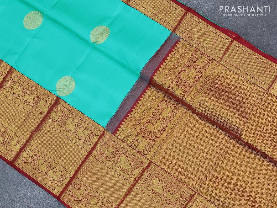 Pure kanjivaram silk saree light blue and deep maroon with zari woven buttas and long rich vanasingaram zari woven border - {{ collection.title }} by Prashanti Sarees