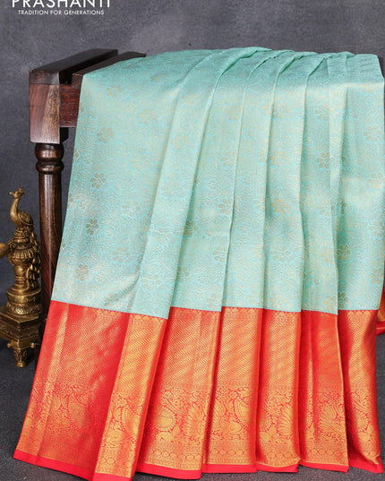 Pure kanjivaram silk saree light blue and red with allover zari woven brocade weaves and long zari woven border - {{ collection.title }} by Prashanti Sarees