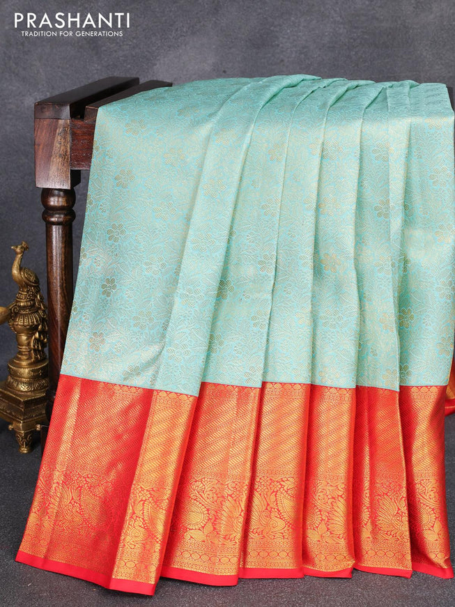 Pure kanjivaram silk saree light blue and red with allover zari woven brocade weaves and long zari woven border - {{ collection.title }} by Prashanti Sarees