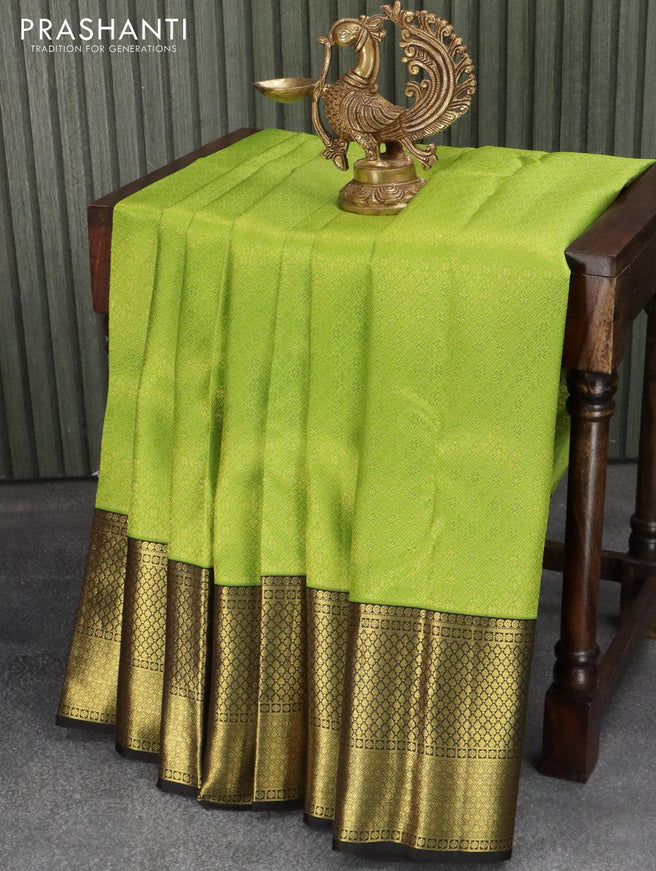 Pure kanjivaram silk saree light green and black with allover zari woven brocade pattern and long zari woven border - {{ collection.title }} by Prashanti Sarees