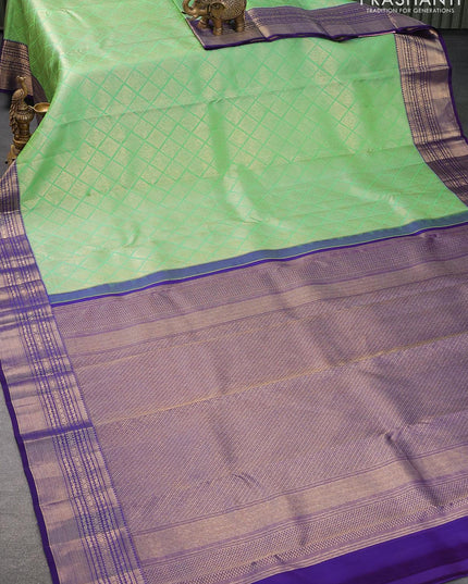 Pure kanjivaram silk saree light green and blue with allover zari woven geometric weaves and zari woven border - {{ collection.title }} by Prashanti Sarees