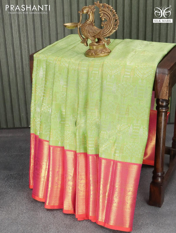 Pure kanjivaram silk saree light green and dual shade of orange with allover zari woven brocade weaves and rich zari woven border - {{ collection.title }} by Prashanti Sarees