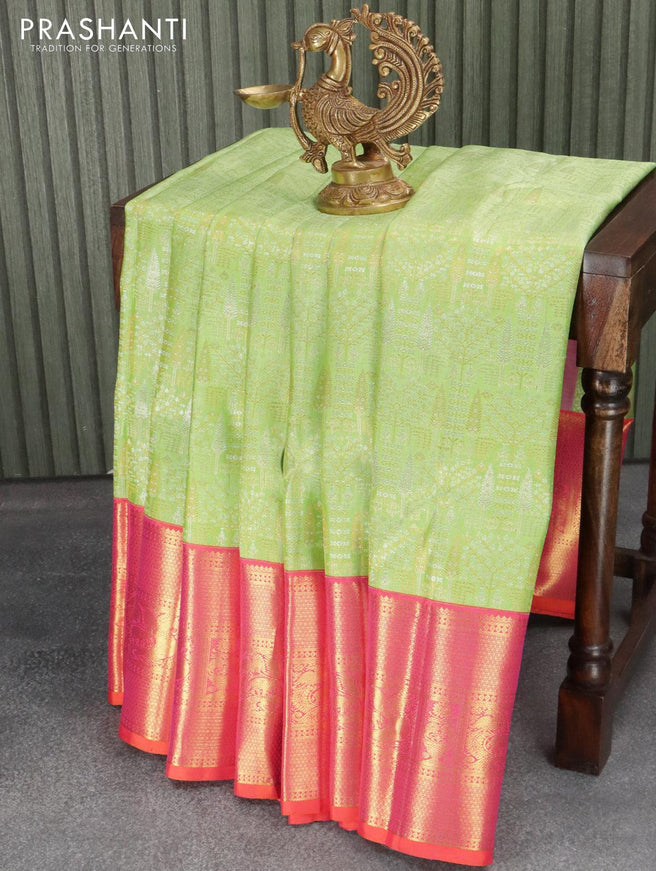 Pure kanjivaram silk saree light green and dual shade of orange with allover zari woven brocade weaves and rich zari woven border - {{ collection.title }} by Prashanti Sarees