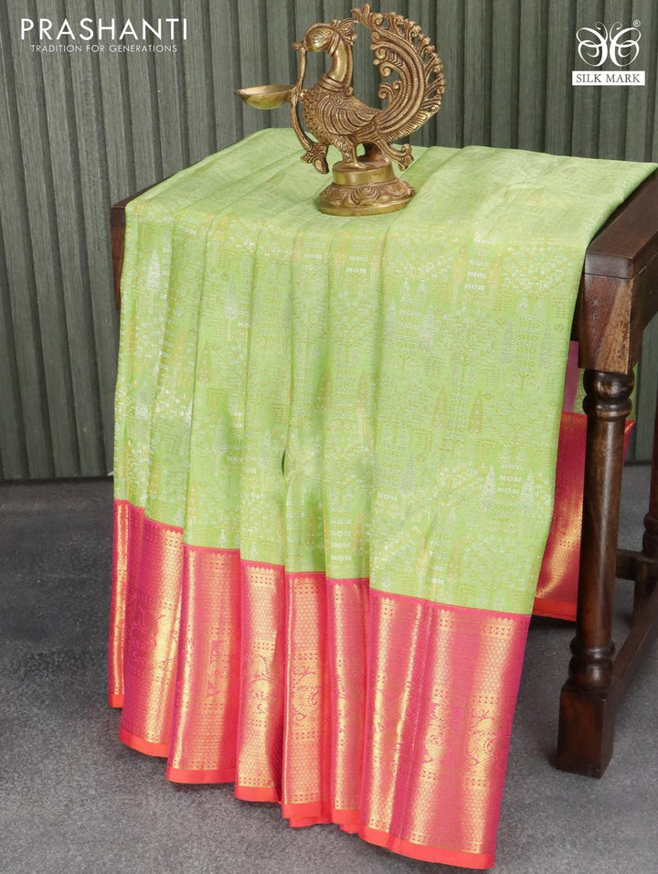 Pure kanjivaram silk saree light green and dual shade of orange with allover zari woven brocade weaves and rich zari woven border - {{ collection.title }} by Prashanti Sarees