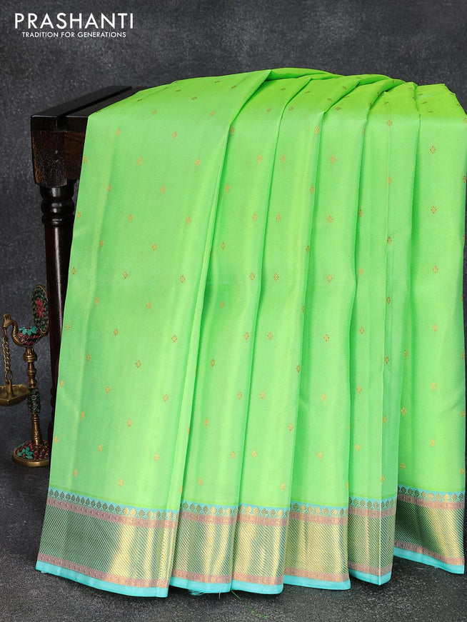 Pure kanjivaram silk saree light green and light blue with allover zari woven buttas and zari woven border - {{ collection.title }} by Prashanti Sarees