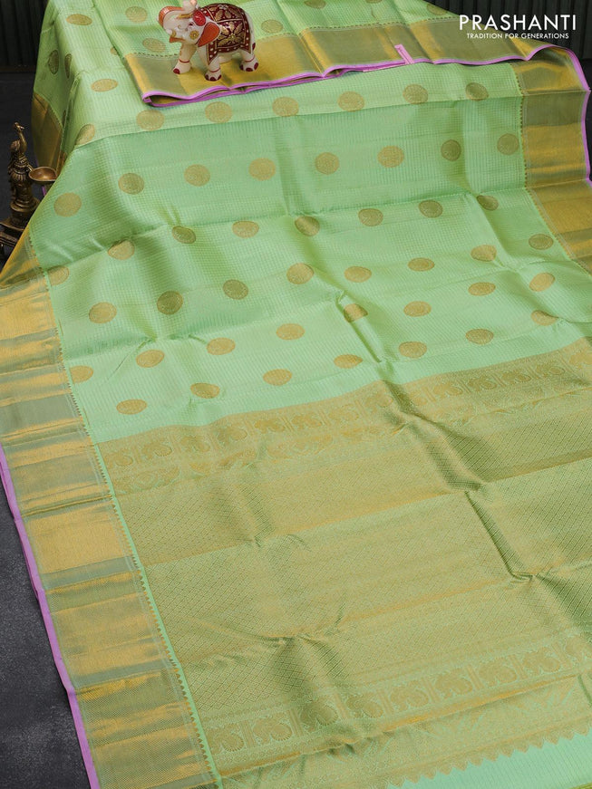 Pure kanjivaram silk saree light green and light pink with allover small zari checks & annam buttas and zari woven border - {{ collection.title }} by Prashanti Sarees