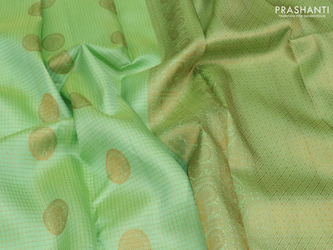 Pure kanjivaram silk saree light green and light pink with allover small zari checks & annam buttas and zari woven border - {{ collection.title }} by Prashanti Sarees