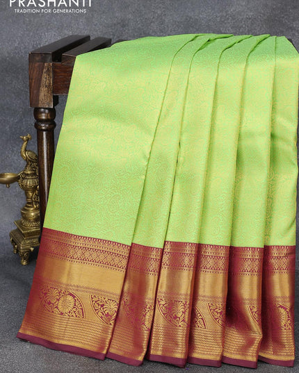 Pure kanjivaram silk saree light green and maroon with allover zari woven brocade weaves and long zari woven floral border Brocade pattern - {{ collection.title }} by Prashanti Sarees