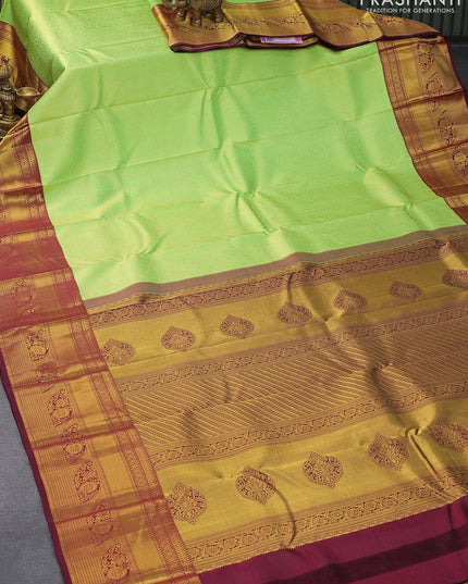 Pure kanjivaram silk saree light green and maroon with allover zari woven brocade weaves and long zari woven floral border Brocade pattern - {{ collection.title }} by Prashanti Sarees
