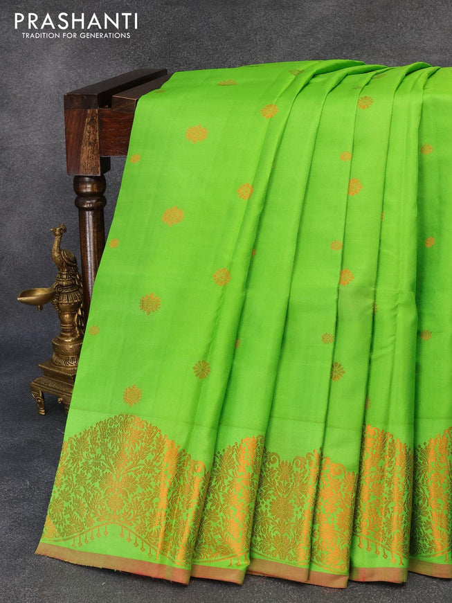 Pure kanjivaram silk saree light green and pink with copper zari woven buttas and rich copper zari woven border - {{ collection.title }} by Prashanti Sarees