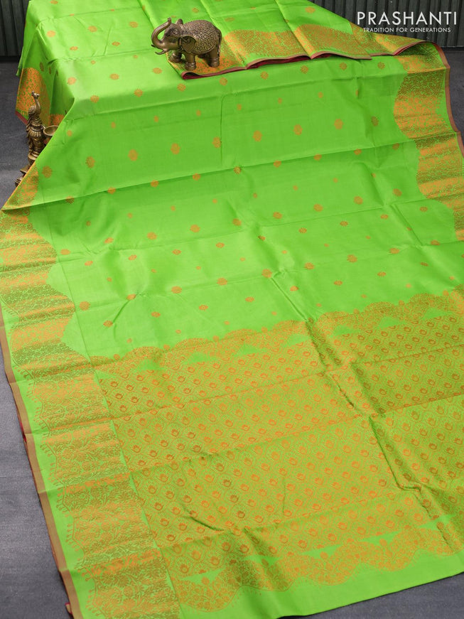 Pure kanjivaram silk saree light green and pink with copper zari woven buttas and rich copper zari woven border - {{ collection.title }} by Prashanti Sarees