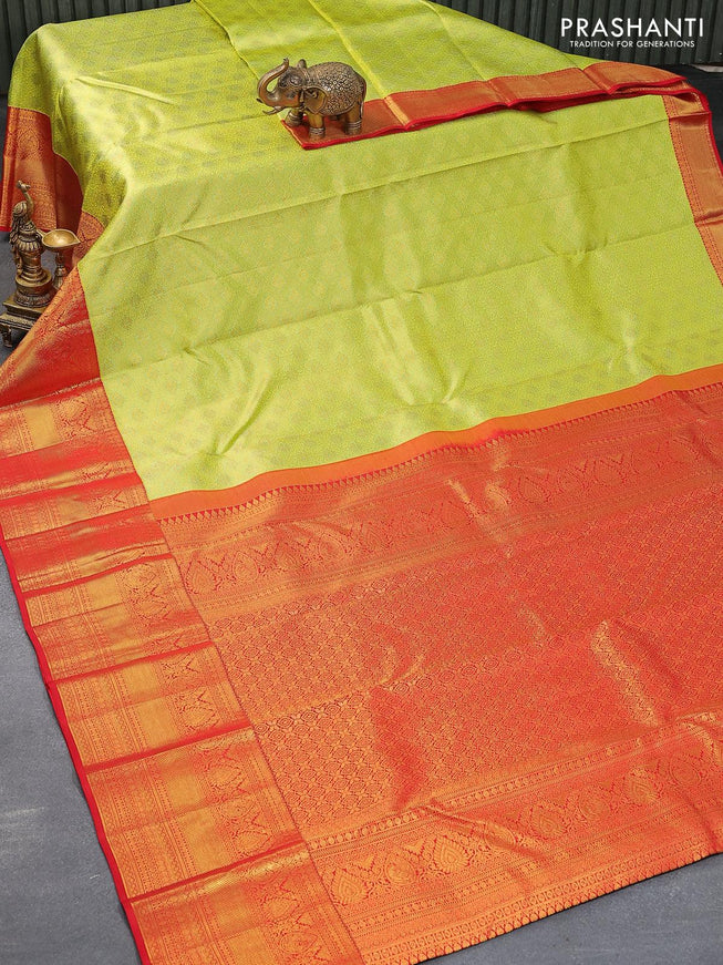 Pure kanjivaram silk saree light green and red with allover zari woven brocade weaves and zari woven border - {{ collection.title }} by Prashanti Sarees
