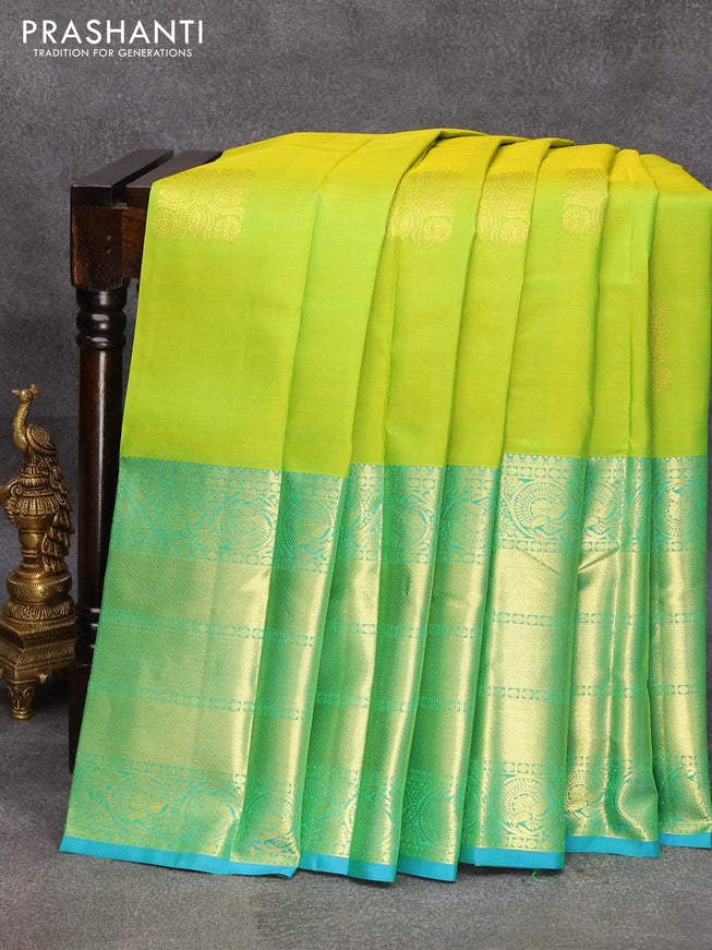 Pure kanjivaram silk saree light green and teal blue with zari woven buttas and long zari woven border - {{ collection.title }} by Prashanti Sarees