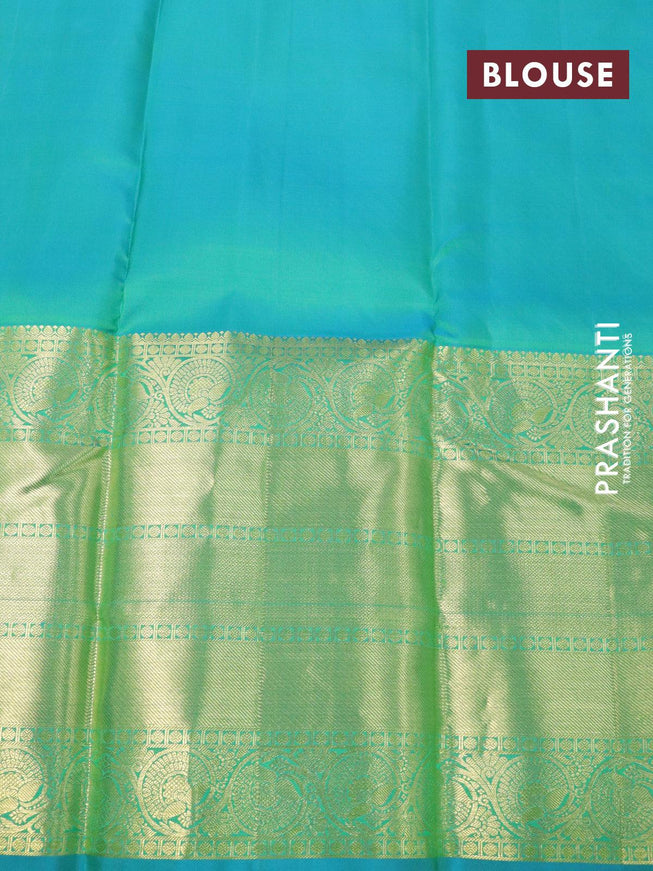 Pure kanjivaram silk saree light green and teal blue with zari woven buttas and long zari woven border - {{ collection.title }} by Prashanti Sarees