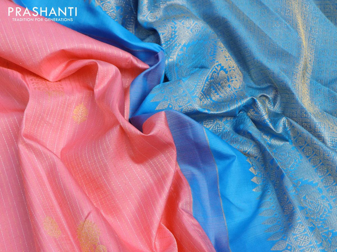 Pure kanjivaram silk saree light pink and cs blue with allover silver & gold zari stripe weaves & buttas and rettapet zari woven border - {{ collection.title }} by Prashanti Sarees