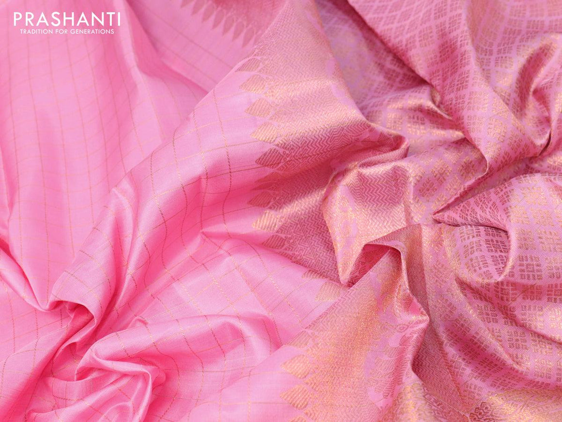 Pure kanjivaram silk saree light pink and dual shade of bluish green with allover line checked pattern and long floral zari woven border - {{ collection.title }} by Prashanti Sarees