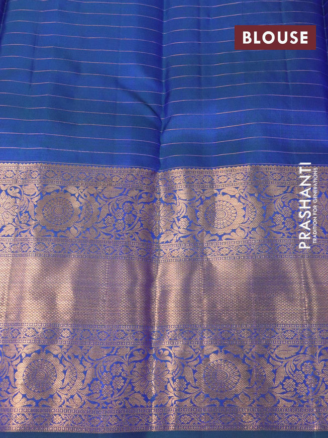 Pure kanjivaram silk saree light pink and dual shade of bluish green with allover line checked pattern and long floral zari woven border - {{ collection.title }} by Prashanti Sarees