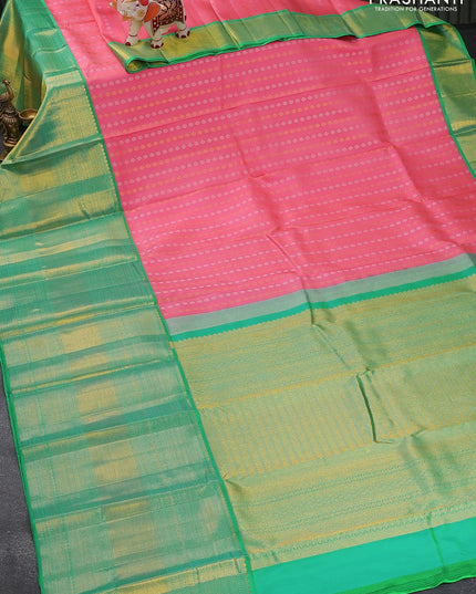 Pure kanjivaram silk saree light pink and green shade with silver & gold zari woven butta weaves and long zari woven border - {{ collection.title }} by Prashanti Sarees