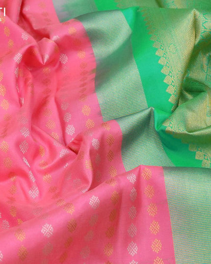 Pure kanjivaram silk saree light pink and green shade with silver & gold zari woven butta weaves and long zari woven border - {{ collection.title }} by Prashanti Sarees