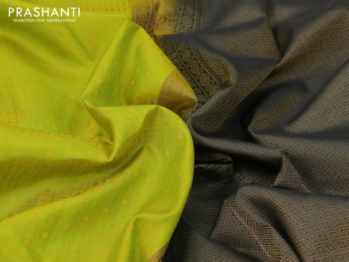 Pure kanjivaram silk saree lime green and black with allover self emboss & zari buttas and zari woven border - {{ collection.title }} by Prashanti Sarees