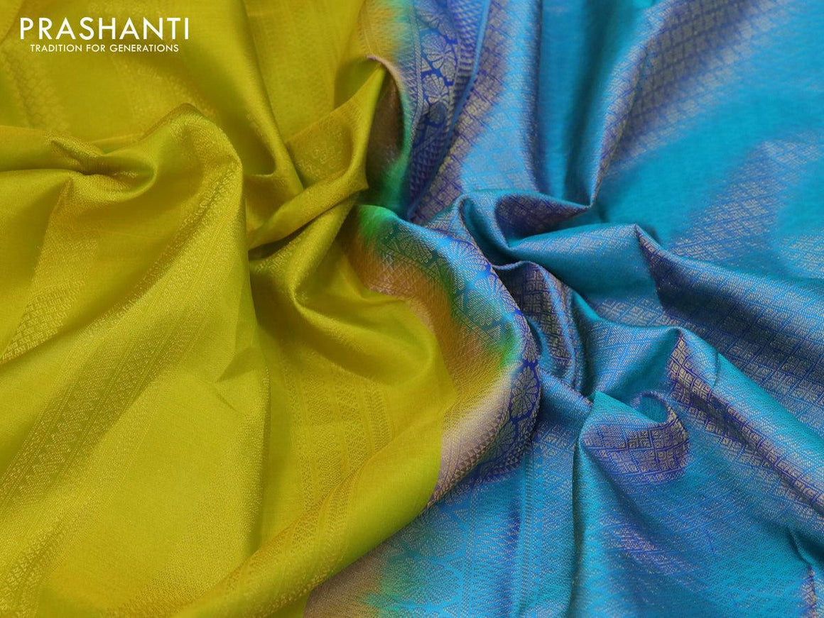 Pure kanjivaram silk saree lime green and dual shade of bluish green with allover zari weaves and temple zari woven border - {{ collection.title }} by Prashanti Sarees