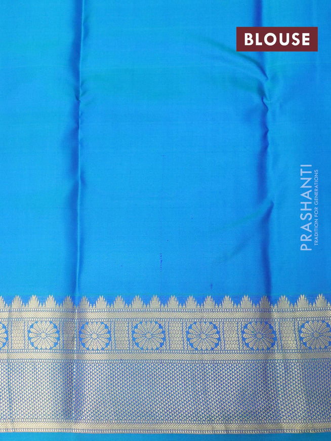 Pure kanjivaram silk saree lime green and dual shade of bluish green with allover zari weaves and temple zari woven border - {{ collection.title }} by Prashanti Sarees