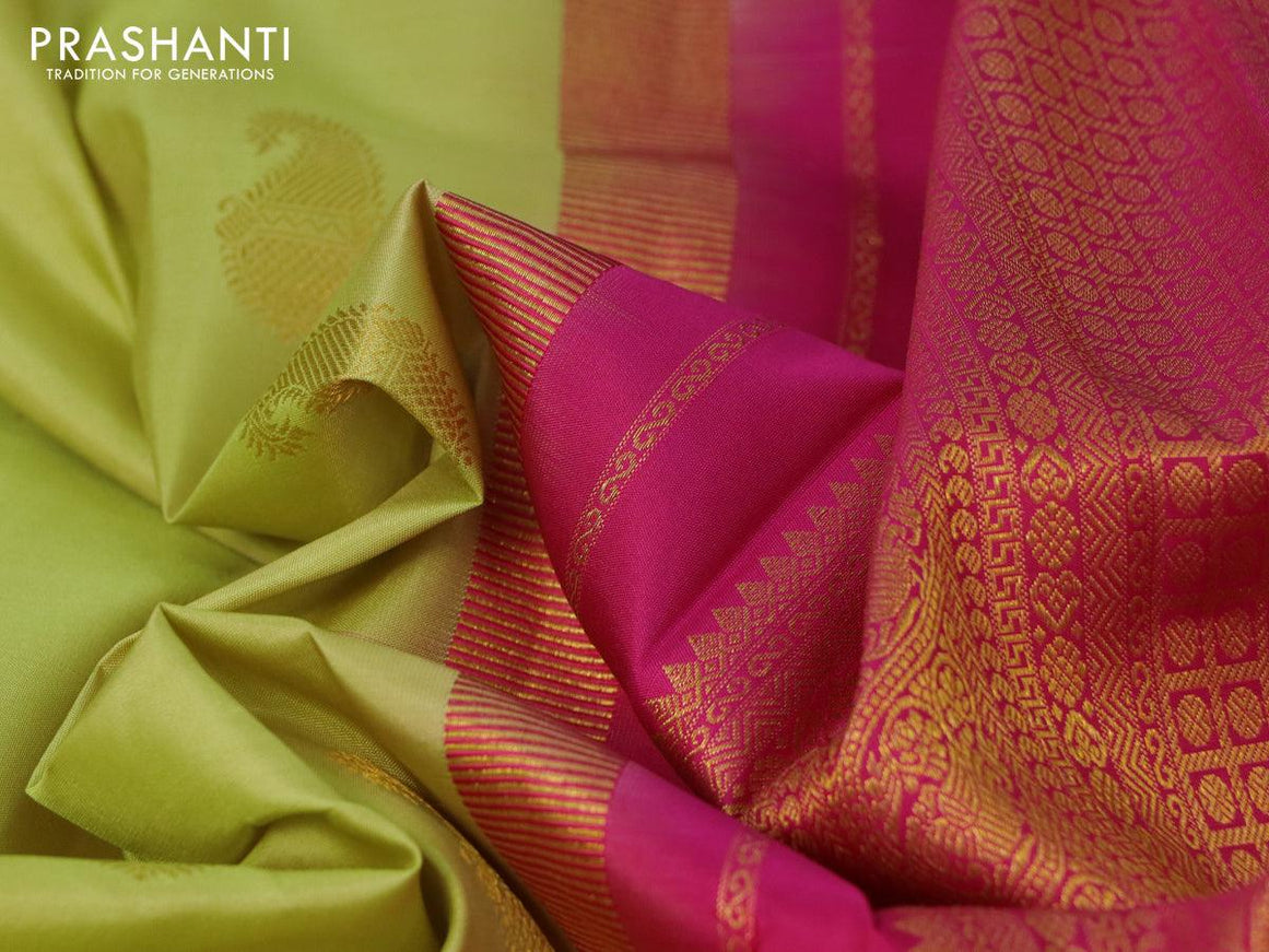 Pure kanjivaram silk saree lime green and pink with paisley zari woven buttas and rettapet zari woven border - {{ collection.title }} by Prashanti Sarees
