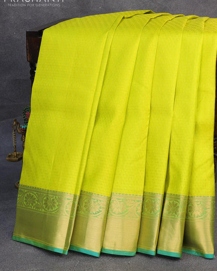 Pure kanjivaram silk saree lime yellow and dual shade of bluish green with allover self emboss & zari weaves and floral zari woven border - {{ collection.title }} by Prashanti Sarees