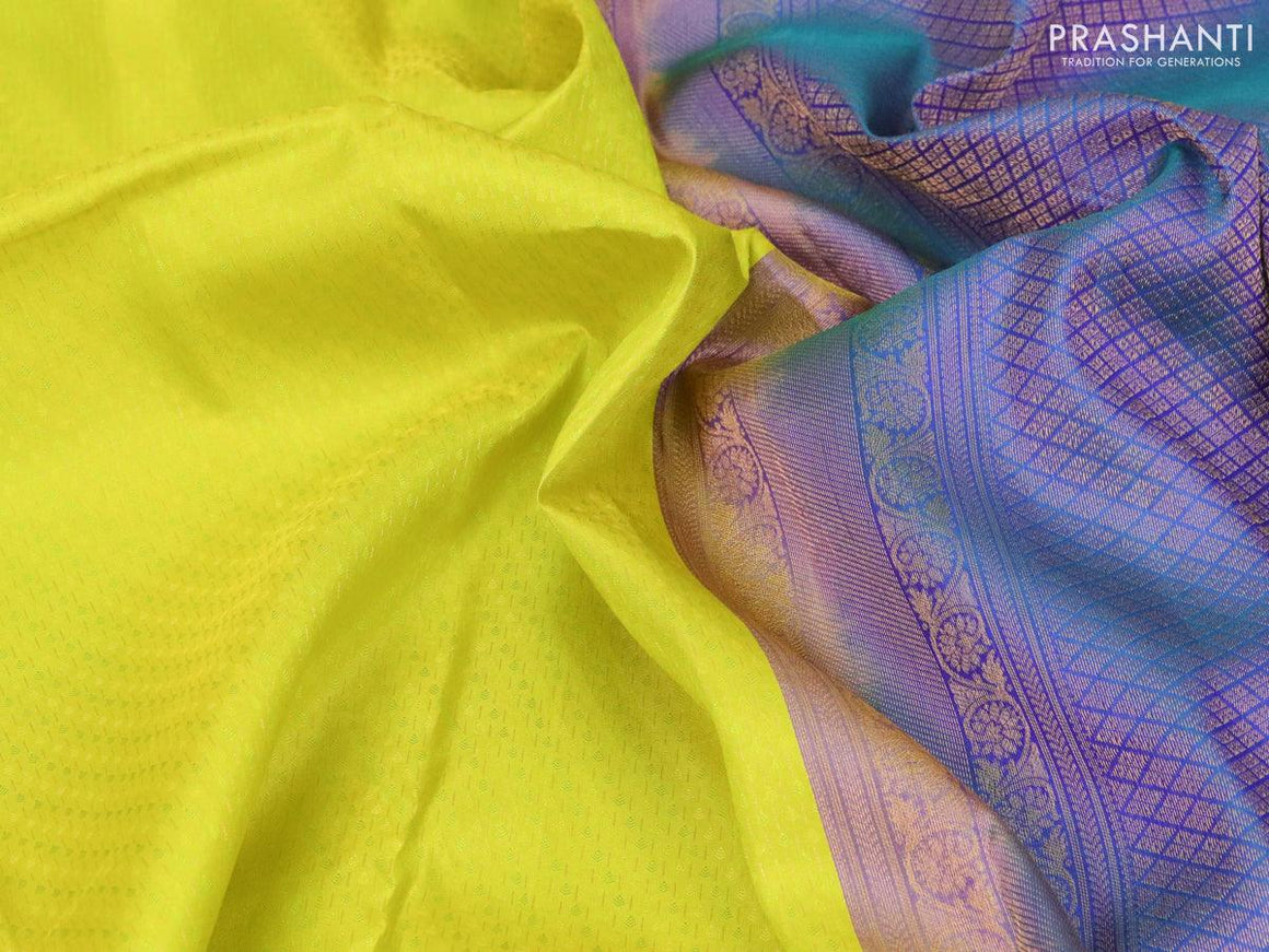 Pure kanjivaram silk saree lime yellow and dual shade of bluish green with allover self emboss & zari weaves and floral zari woven border - {{ collection.title }} by Prashanti Sarees