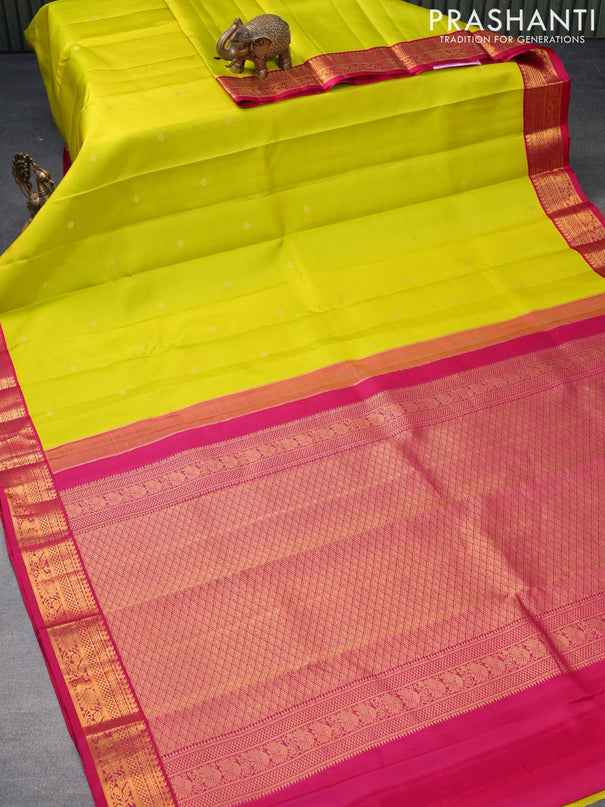 Pure kanjivaram silk saree lime yellow and pink with allover zari weaves & buttas and zari woven korvai border - {{ collection.title }} by Prashanti Sarees