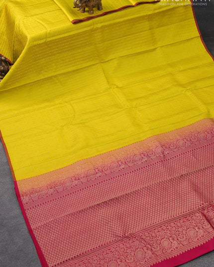 Pure kanjivaram silk saree lime yellow and pink with allover zari weaves and piping border - {{ collection.title }} by Prashanti Sarees