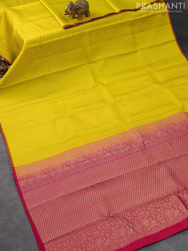 Pure kanjivaram silk saree lime yellow and pink with allover zari weaves and piping border - {{ collection.title }} by Prashanti Sarees