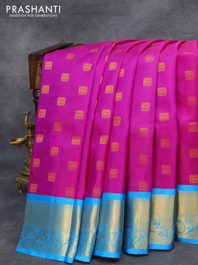 Pure kanjivaram silk saree magenta pink and cs blue with zari woven box type buttas and zari woven border - {{ collection.title }} by Prashanti Sarees