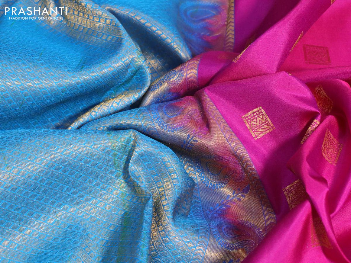 Pure kanjivaram silk saree magenta pink and cs blue with zari woven box type buttas and zari woven border - {{ collection.title }} by Prashanti Sarees