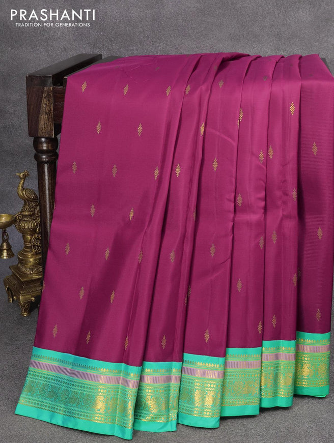 Pure kanjivaram silk saree magenta pink and dual shade of teal green with zari woven buttas and zari woven korvai border - {{ collection.title }} by Prashanti Sarees