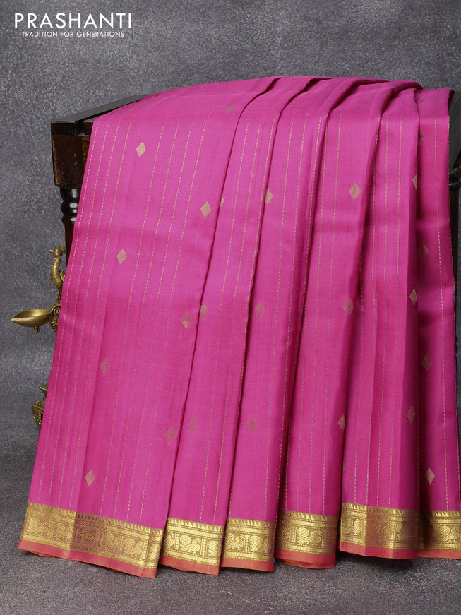 Pure kanjivaram silk saree magenta pink and orange with allover zari weaves & buttas and zari woven border - {{ collection.title }} by Prashanti Sarees