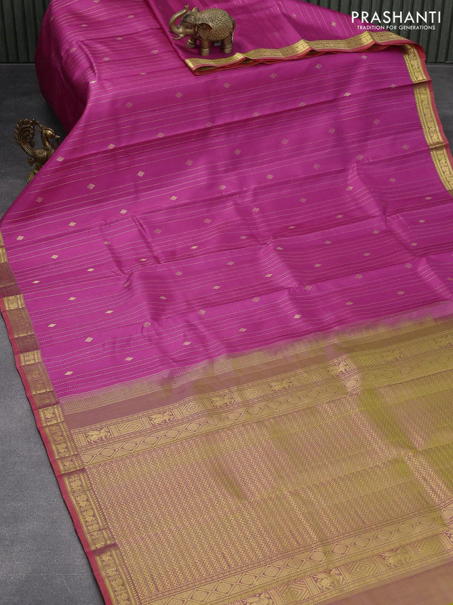 Pure kanjivaram silk saree magenta pink and orange with allover zari weaves & buttas and zari woven border - {{ collection.title }} by Prashanti Sarees