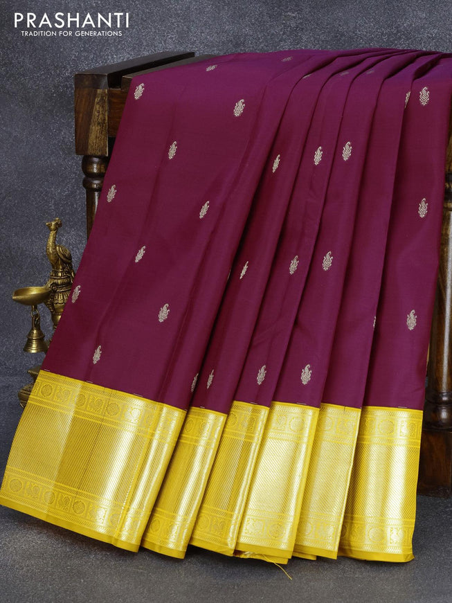 Pure kanjivaram silk saree magenta pink and yellow with silver zari woven buttas and silver zari woven border - {{ collection.title }} by Prashanti Sarees