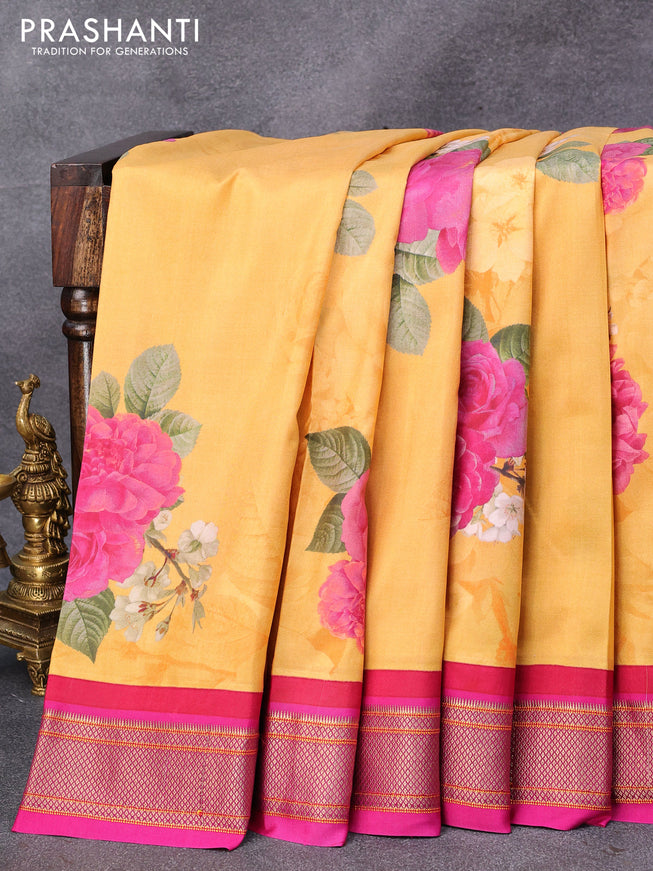 Pure kanjivaram silk saree mango yellow and pink with allover kalamkari digital prints and zari woven border - {{ collection.title }} by Prashanti Sarees