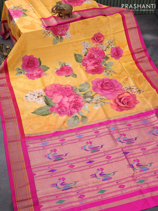 Pure kanjivaram silk saree mango yellow and pink with allover kalamkari digital prints and zari woven border - {{ collection.title }} by Prashanti Sarees