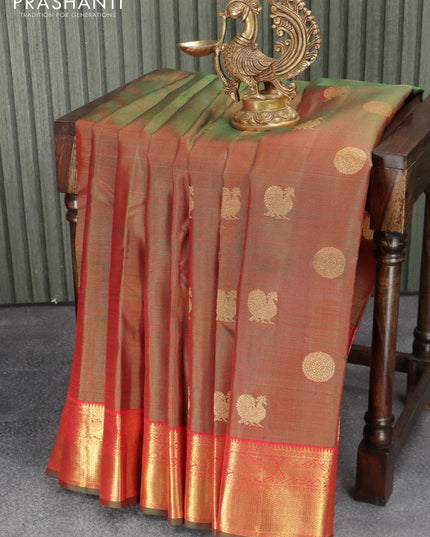 Pure kanjivaram silk saree manthulir green and red with allover zari weave annam & rudhraksha buttas and annam zari woven border - {{ collection.title }} by Prashanti Sarees